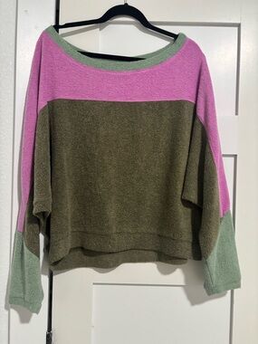 Free People Off-the-Shoulder Colorblock Sweater - Pink, Olive & Sage